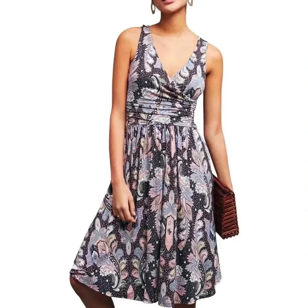 Anthropologie  Maeve Paisley Floral Dress Wrap Midi Flouncy Knit SZ XL #2171